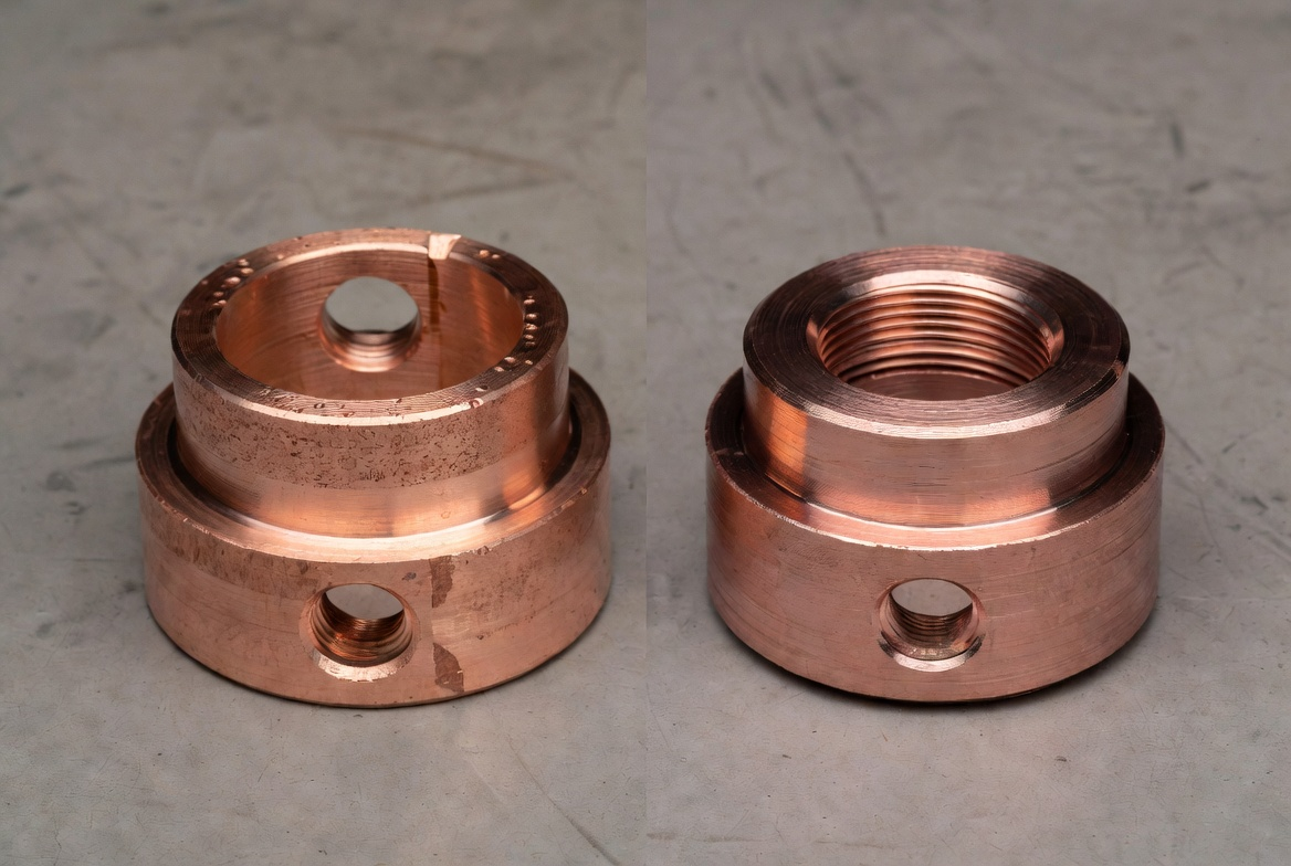 Side-by-side comparison of pure copper and CuCrZr machined parts at Cymber Metal