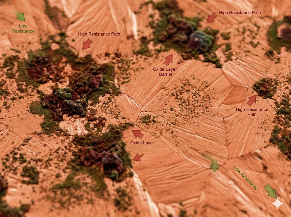 Microscopic view of invisible oxide layer on pure copper surface