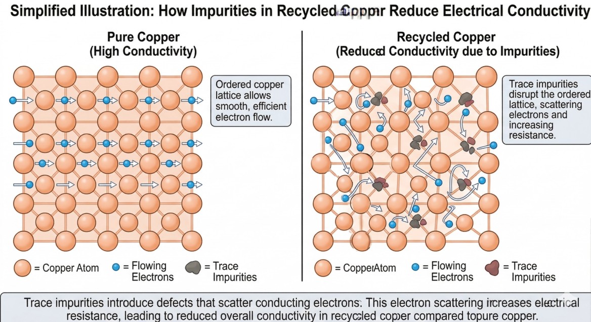Trace impurities affecting electron flow in pure copper