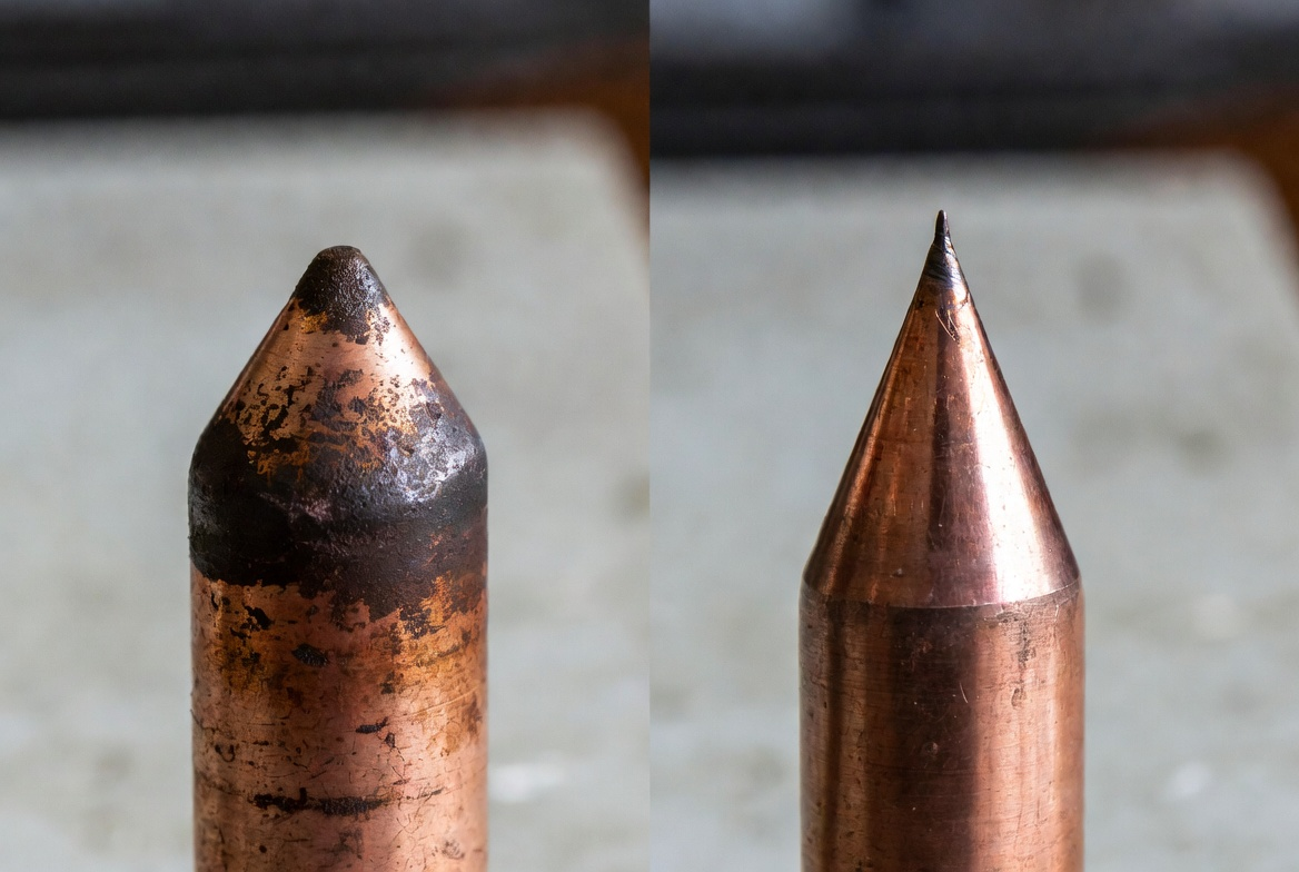 Worn pure copper electrode tip vs new CuCrZr electrode after extended use