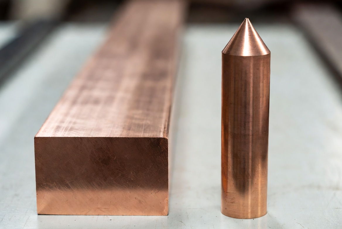 Real industrial parts – pure copper busbar and CuCrZr welding electrode side by side