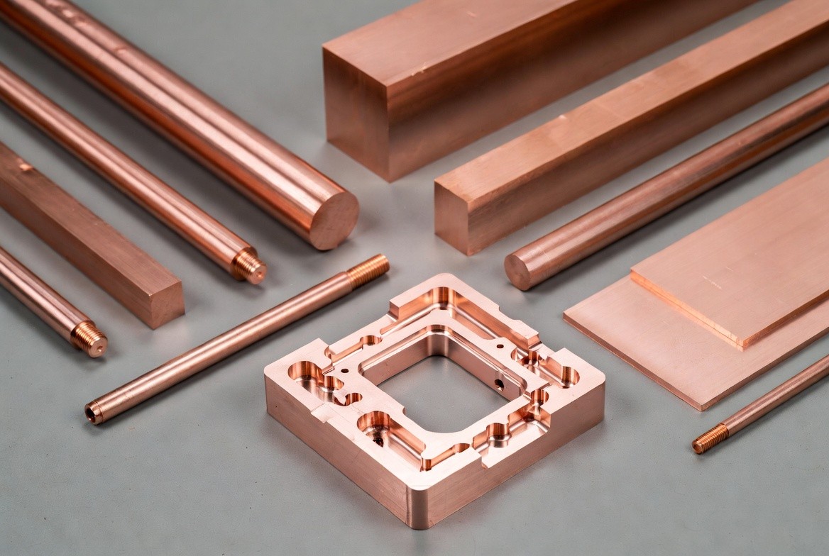 Cymber Metal catalog page featuring CuCrZr rods, plates, and custom machined industrial parts