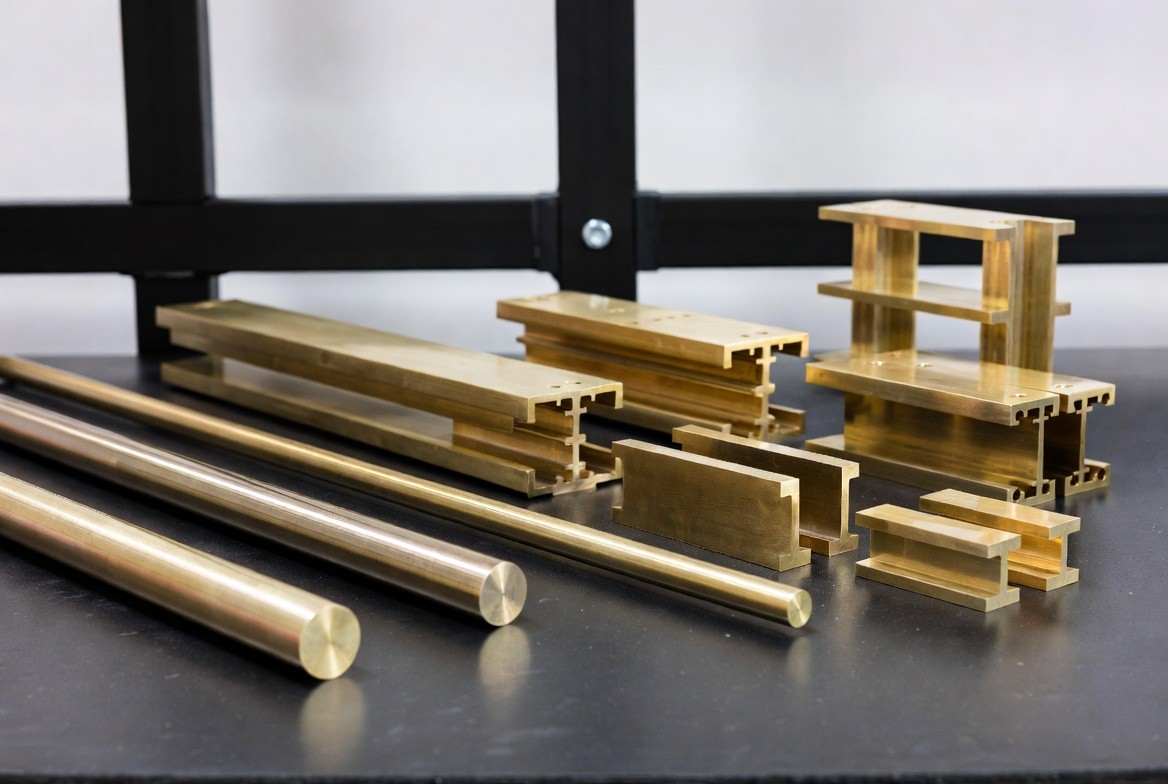 Selection of custom extruded brass profiles and machined parts at Cymber Metal