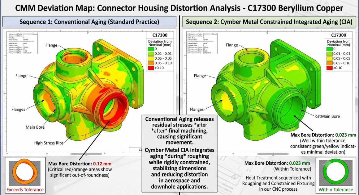CMM deviation map on a C17300 high-stress connector housing — conventional aging sequence vs. constrained integrated aging used at Cymber Metal