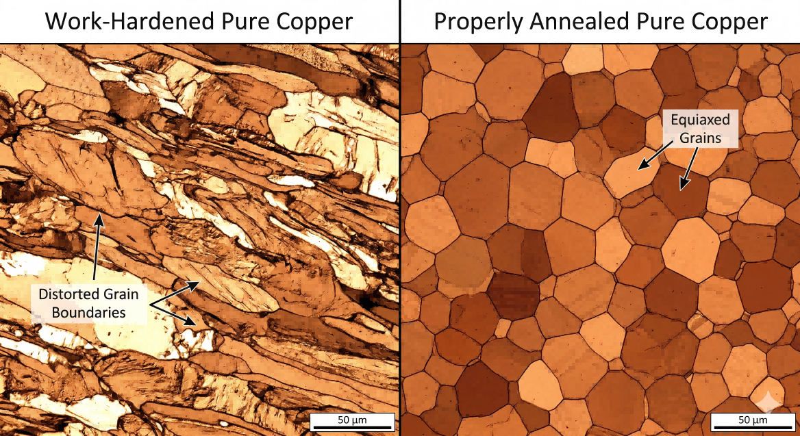 Grain structure comparison – properly annealed vs work-hardened pure copper