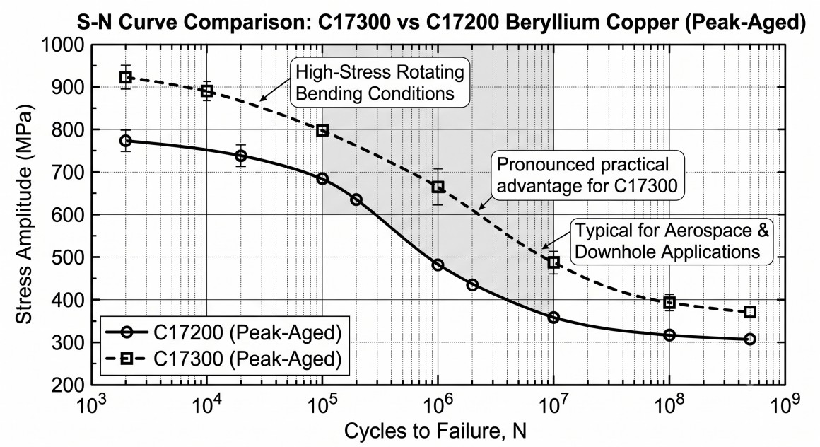 S-N curve comparison — C17300 vs C17200 in peak-aged condition under high-stress rotating bending
